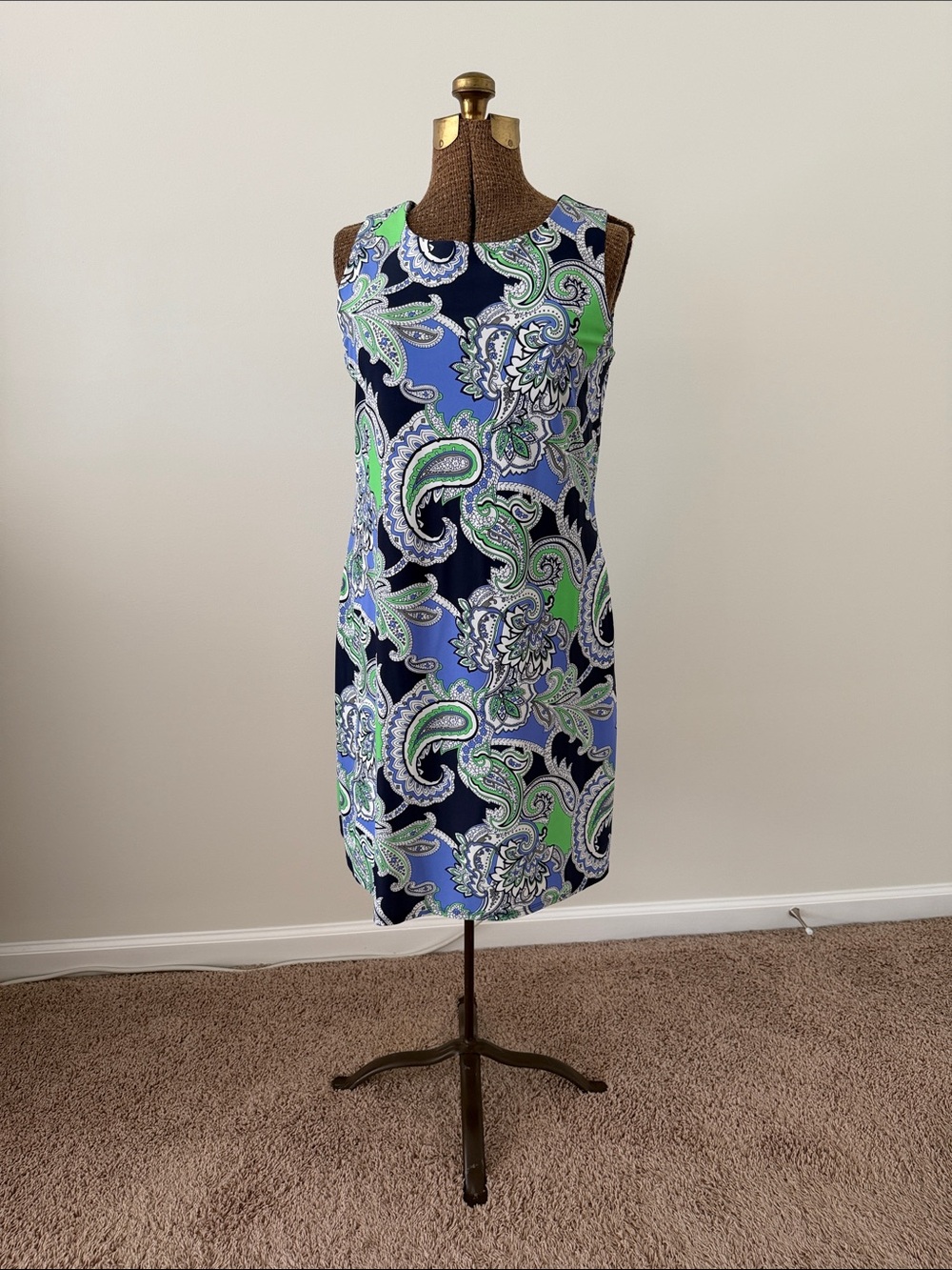 Jude Connally Sleeveless Paisley Shift Dress in Navy, Periwinkle & Green